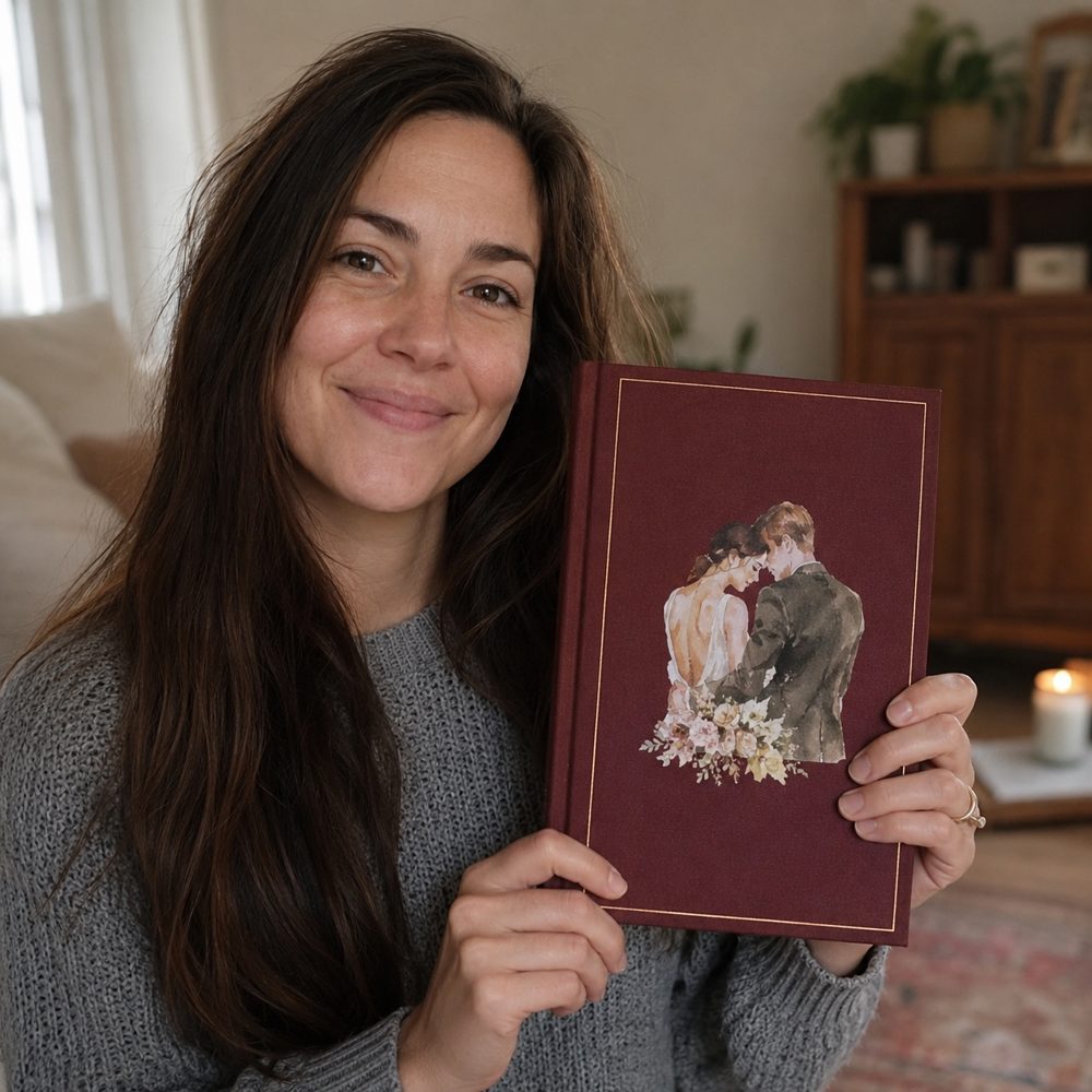 A happy customer holding her Our Novella book