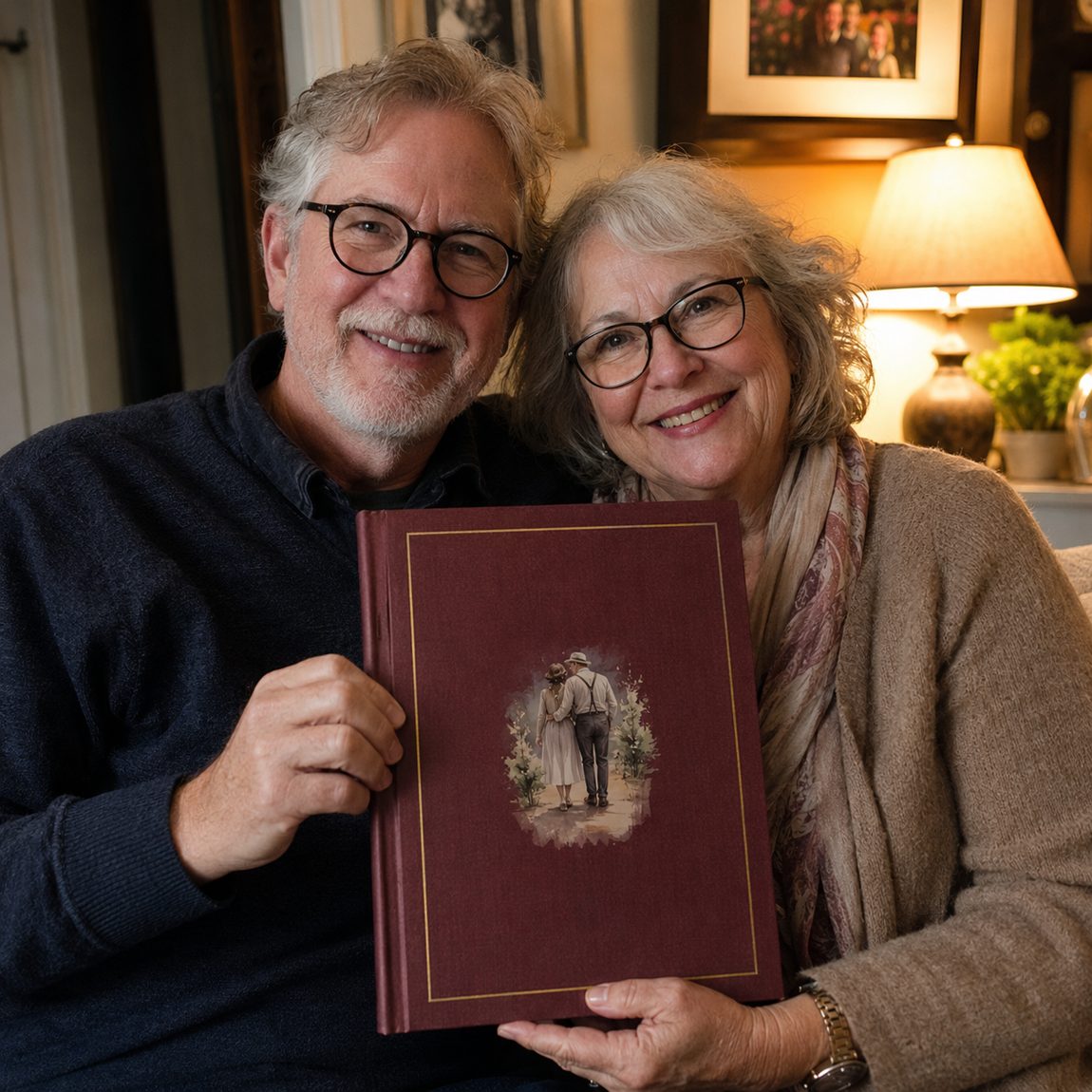 A couple holding their Our Novella book