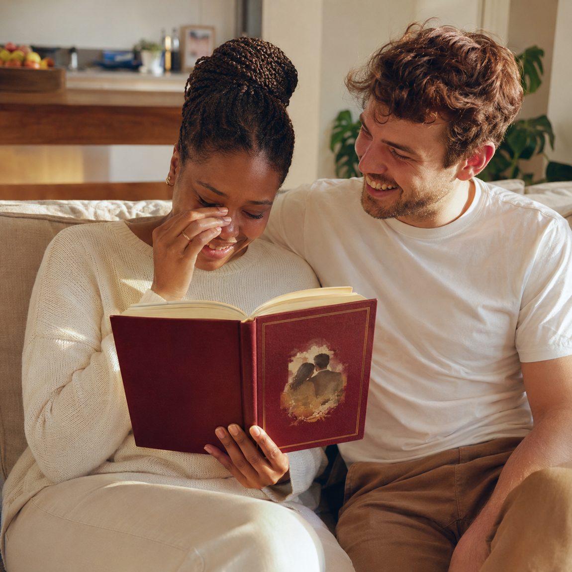 A couple reading their Our Novella book together